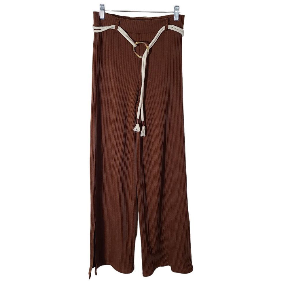 Bershka Women's Size Small Belted ribbedβ knit flare pull on pants brown